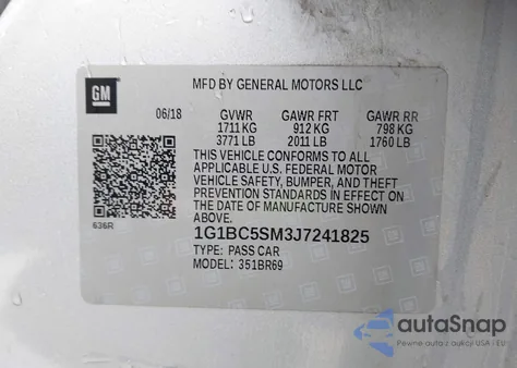 2018 Chevrolet Cruze Ls Auto z USA, uszkodzony, nr VIN 1G1BC5SM3J7241825